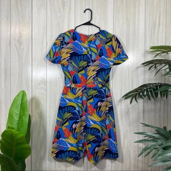 J. CREW • Mercantile Blue Tropical Palm Floral Faux Wrap Dress SIZE 4 EUC - Picture 9 of 9